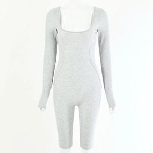 Close-up of gray ribbed knit fabric texture on a long sleeve U-neck bodysuit