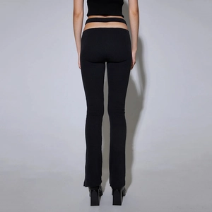 Slim fit black ribbed flare trousers with sexy low-waist cutout design for women