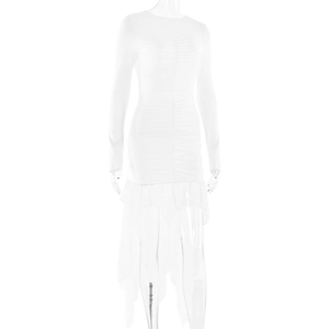 Detail of white ruched long sleeve dress showing asymmetrical sheer lace ruffle hemline