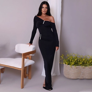 Elegant one-shoulder black evening gown with rhinestone trim and long sleeve slim fit