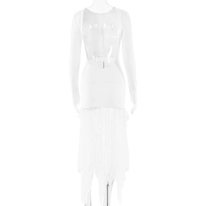 Detail view of white backless dress featuring delicate lace hem and slim-fit long sleeves