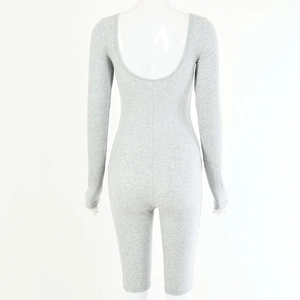 Back view of a grey ribbed long sleeve bodysuit featuring an open back design