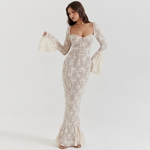 Sexy Lace Maxi Dress Flare Sleeve Square Neck Bodycon Backless Fishtail Evening Party Dress Elegant Wedding Guest For Women