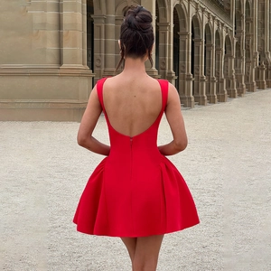 Sleeveless backless red mini dress with pleated A-line skirt and U-shaped back