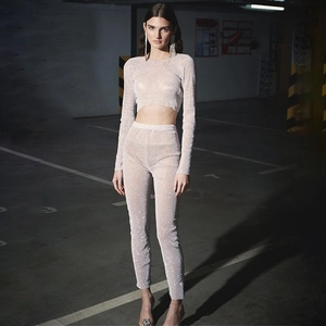 Chic two-piece sheer mesh crop top and rhinestone trousers set for women in silver