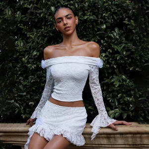 Ensemble Top Et Bas En Dentelle Sexy Pour Femmes Épaules Dénudées Manches À Volants Mini Jupe Appliques Florales Blanc Tenues De Rue