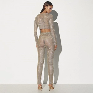 Sparkly rhinestone mesh two-piece set featuring long sleeve crop top and slim fit trousers
