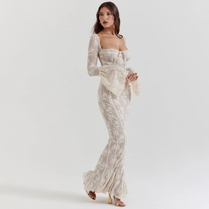 Elegant white lace long sleeve dress featuring flare sleeves and a slim fit bodycon design