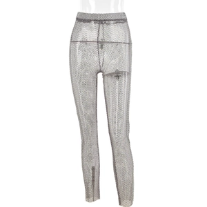 Chic silver fishnet trousers with rhinestones for party wear, sexy slim fit style