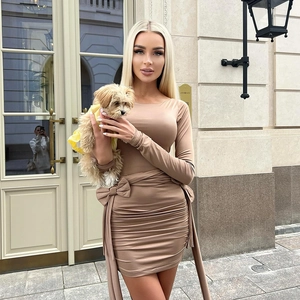 Détails de la robe kaki à manches longues avec fronces et nœuds latéraux à la taille