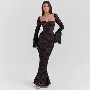 Elegant black floral lace long dress with corset bodice and flared sleeves in fishtail style