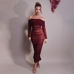 Detail of burgundy ruched mesh fabric on elegant off-the-shoulder long sleeve dress