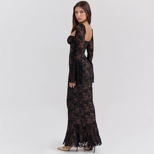 Elegant black floral lace long dress featuring bell sleeves and an open back design