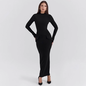 Elegant black long-sleeved slim-fit dress with high neck and decorative waist flaps