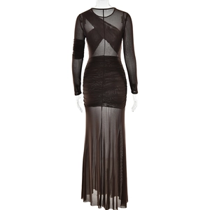 Detail of sheer mesh fabric with ruched texture on a black slim-fit maxi dress