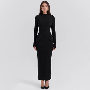 Detailed view of long sleeve bodycon dress with side pocket flaps and high neckline