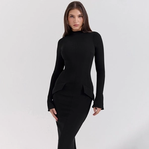 Women Sexy High Neck Long Sleeve Split Bodycon Maxi Dress Elegant Solid Color Slim Fit Evening Party Clubwear Dress