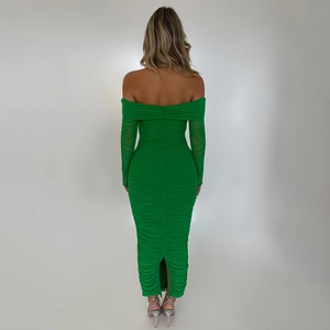 Back view of elegant green ruched bodycon dress with off-shoulder design and a back slit