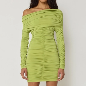 Women Sexy Ruched Long Sleeve Bodycon Mini Dress Asymmetric Neck Slim Fit Elegant Party Clubwear Short Dress