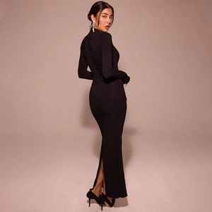 Elegant slim fit long sleeve turtleneck black midi dress with a stylish back slit detail