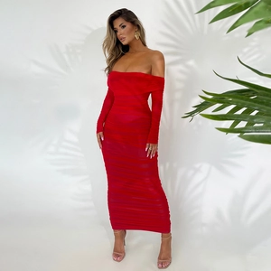 Detail of off-shoulder red bodycon dress featuring elegant horizontal pleats and long sleeves