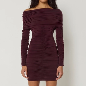 Detailed front view of burgundy ruched bodycon dress with off-shoulder neckline