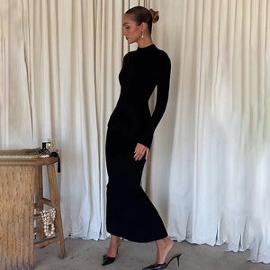 Elegant slim fit long sleeve black maxi dress with high neck and thigh split design
