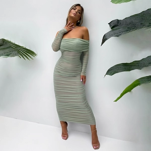 Sage green off-shoulder ruched mesh maxi dress with sheer sleeves and slim fit design