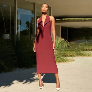 Robe Midi Sexy pour Femmes Dos Nu Halter Col en V Coupe Ajustée Boutons Robe de Cocktail Soirée Sans Manches Taille Haute Robe Longue