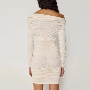 Slim fit beige ruched long sleeve off-shoulder mini dress with back view details