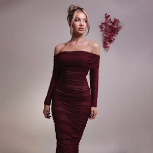 Women Sexy Ruched Mesh Off-The-Shoulder Long Sleeve Bodycon Maxi Dress Elegant Party Evening Hip Wrap Formal Long Dress