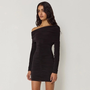 Elegant black long sleeve bodycon dress with ruching detail and off-shoulder neckline