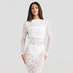 Elegant white lace long sleeve bodycon maxi dress with floral sheer texture