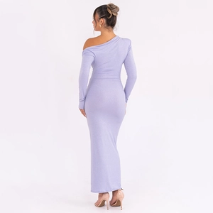Back view of a sleek lavender off-shoulder slim-fit maxi dress with subtle glitter texture