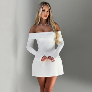 Front view of white off-the-shoulder long sleeve mini dress with a slim fit silhouette