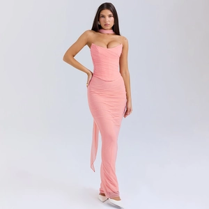 Pink corset tube top with ruched long skirt and matching neck tie set for formal wear