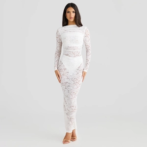Detailed view of sheer floral lace texture and long sleeve design on a white maxi dress