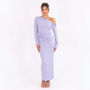 Detail of light purple one-shoulder dress with sparkling fabric and ruched waist knot