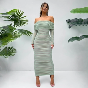 Sage green off-shoulder ruched maxi dress in mesh fabric for elegant evening wear