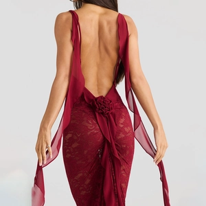 Robe Longue Sexy en Dentelle pour Femmes Dos Nu Bretelle Sans Manches Ruban Robe Florale Transparente pour Fête Soirée Banquet Clubwear