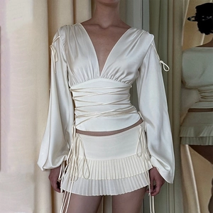 Blouse Femme Sexy En Satin À Col En V Et Lacets Manches Longues Couleur Unie Top Ajusté Cache Cœur Éléguant
