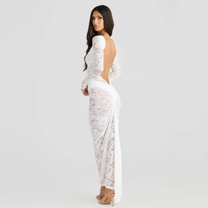 Detailed back view of white lace long sleeve bodycon dress with open back and train