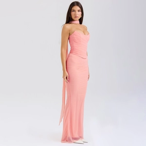 Detail of pink mesh strapless maxi dress with ruching and matching scarf accessory