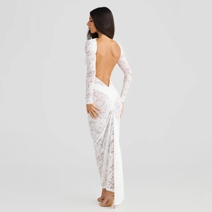 Detail of elegant backless lace long dress with intricate floral texture and long sleeves