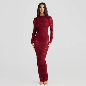 Front full view of burgundy lace maxi dress with long sleeves and bodycon fit