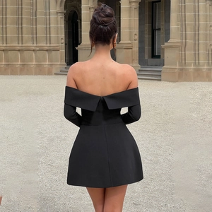 Elegant black off-shoulder long sleeve mini dress with a back zipper view in European style