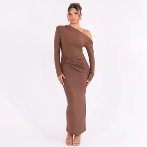 Detail of sequined brown one-shoulder dress with elegant side waist knotting