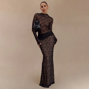 Ensemble Top And Bottom Chic pour Femmes avec Haut en Dentelle et Jupe Longue Sirène Tenue Sexy Semi-Transparente Automne Hiver