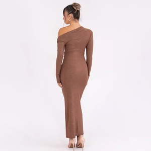 Detailed back view of a brown one-shoulder ruched dress with sparkling sequin fabric