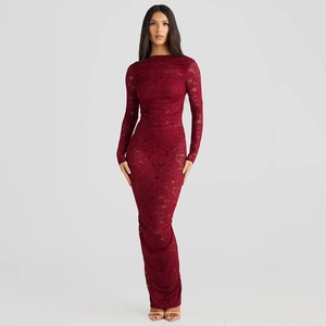 Elegant wine red lace long sleeve maxi dress with bodycon fit and floral patterns
